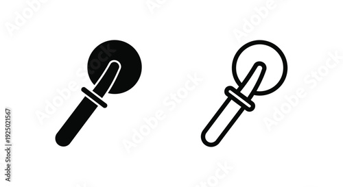 Two black and white illustrations of a pizza cutter tool