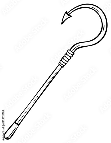 Black and white cartoon outline drawing of a giant curved fishing hook on a long staff with a textured grip