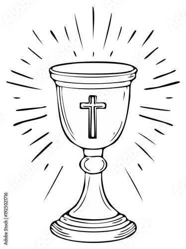 Radiant Chalice with Cross Symbol Shining Light Celebrating Faith in Detailed Line Art Sketch