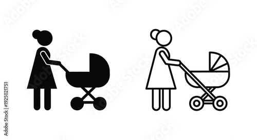 Two stick figure mothers with strollers one wearing a hat
