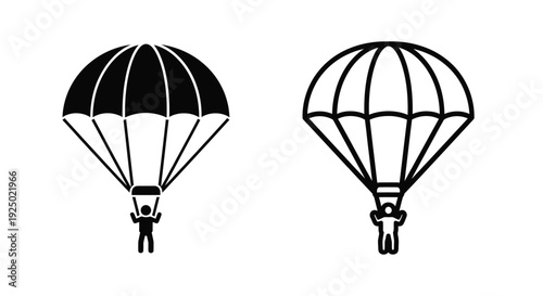 Two black and white illustrations of parachutists descending with open canopies