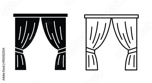 Simple black and white illustration depicting two window curtains