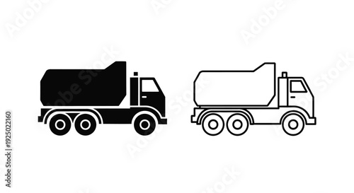 Two dump trucks depicted in contrasting black and white styles