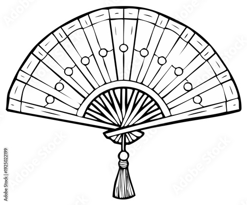 Elegant Japanese Hand Fan with Tassel in Black and White Outline