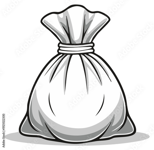 Illustration of a closed sack, bag, or pouch made of cloth, tightly secured and ready for storage or transportation on white.