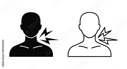 Two profile views of a person experiencing neck pain or discomfort