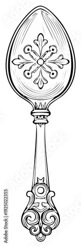 Ornate antique spoon with detailed floral and scrollwork engraving on the bowl and handle