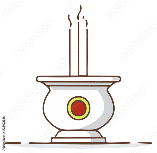 White ceramic incense burner with three lit fragrant sticks releasing smoke vapor