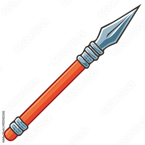 Brightly colored vector illustration of an ancient hunting spear featuring a sharp metal tip and orange wooden handle with tribal details
