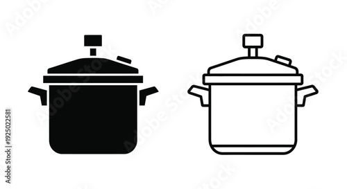 Two black and white illustrations of pressure cookers side by side