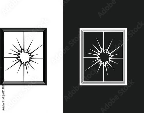 Shattered window glass against contrasting black and white backgrounds