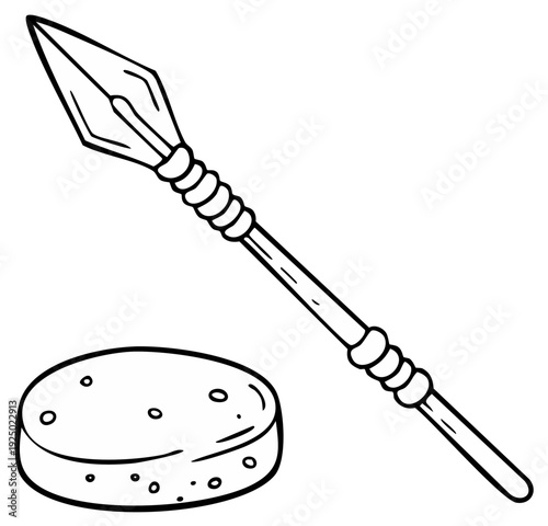 Black and white line art illustration featuring a primitive hunting spear and ancient textured stone
