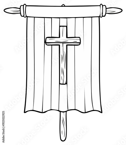 Simple Christian banner featuring a wooden cross on a decorative pole