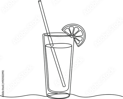 Simple line drawing of a tall glass with a straw and lemon slice