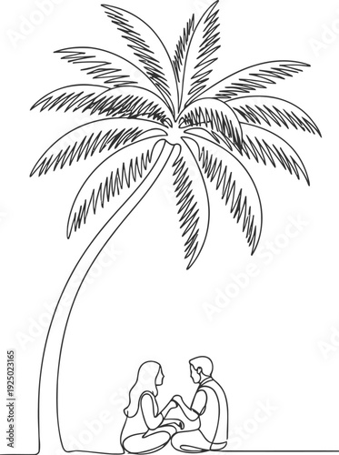 Sketch of a lone palm tree with two figures resting beneath it