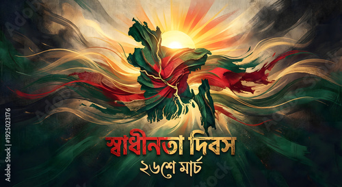 Bangladesh Independence Day Map Silhouette with Red Sunburst and Bengali Text 