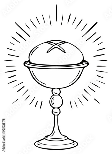 Chalice with Bread and Rays of Light in Black and White Outline Drawing