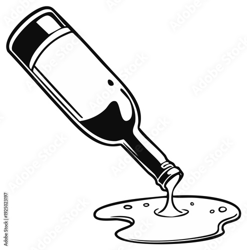 Stylized illustration of a tipped over wine bottle spilling liquid into a puddle
