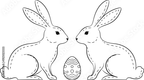 Two adorable sketched bunnies face each other with an easter egg