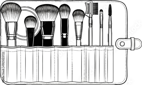 A collection of makeup brushes and tools neatly organized in a portable case