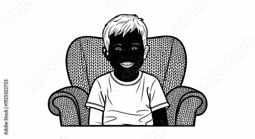 A child's dark face is set against a detailed knit patterned armchair