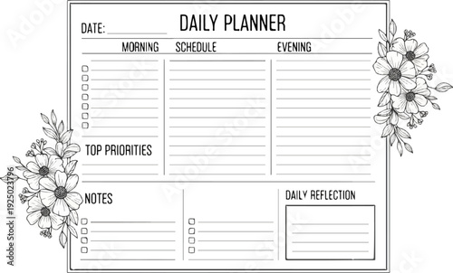 A floral daily planner with sections for date, morning, schedule, evening, priorities, notes, and reflection