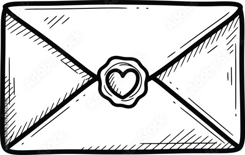 Hand drawn envelope with heart wax seal illustration