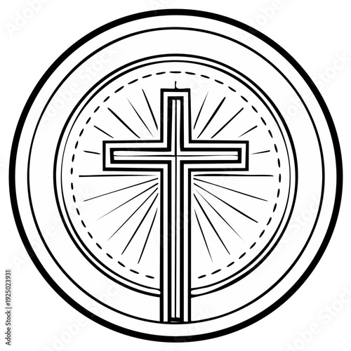 Christian Cross Emblem with Radial Rays and Circle Outline