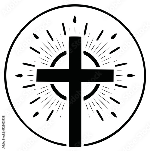 Christian Celtic Cross Emblem with Sunburst Rays within a Circle