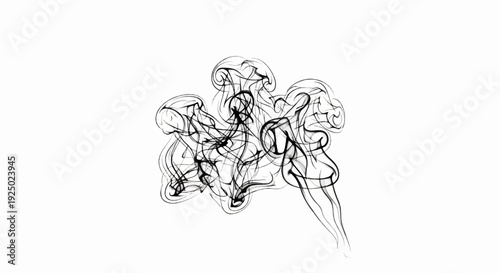 Abstract black ink strokes form swirling smoke patterns on white background