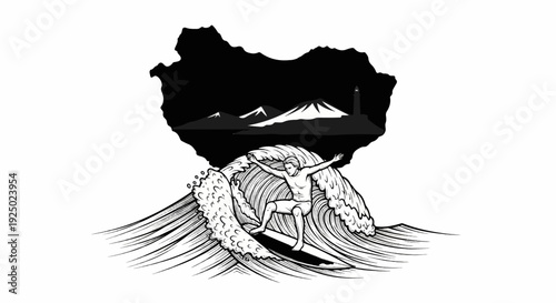 A surfer rides a large wave with a mountainous coastline and lighthouse in background