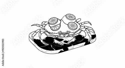 Artistic depiction of a crab garnished with citrus slices on a patterned platter