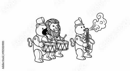 Cartoon bears and lion playing instruments with a winding key, vintage style
