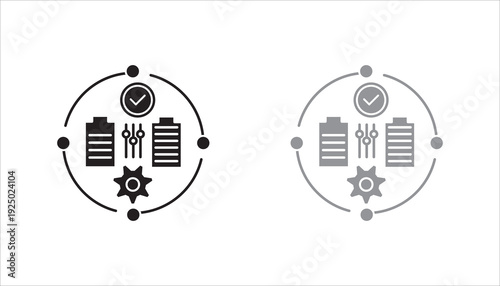 Minimal outline icon showing checklist documents, gear, circular workflow, and approval checkmark. Editable stroke vector illustration suitable for project management, productivity systems, business p