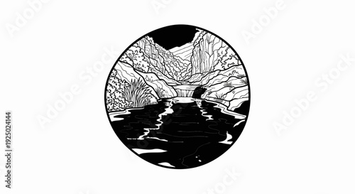 A circular black and white drawing of a rocky gorge with a waterfall and river