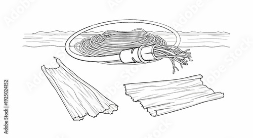 Coil of wires and torn fabric on a beach background