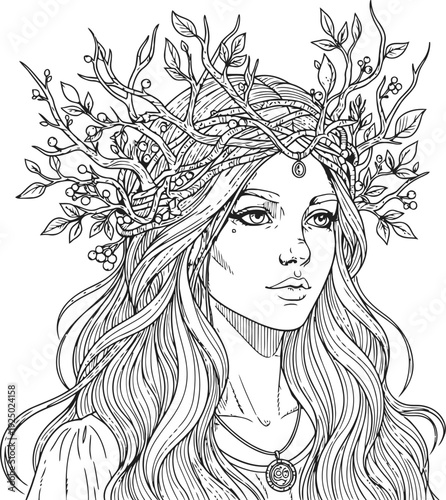Elegant woman wearing a detailed floral crown and necklace