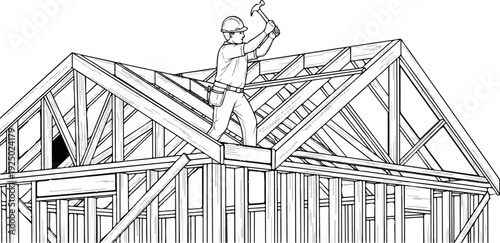 Construction worker hammering on roof framing