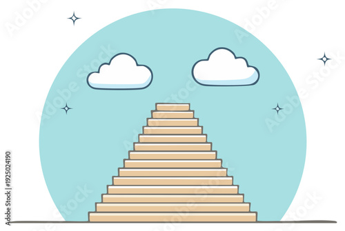 Conceptual stairway to success reaching up to fluffy clouds in a bright blue sky