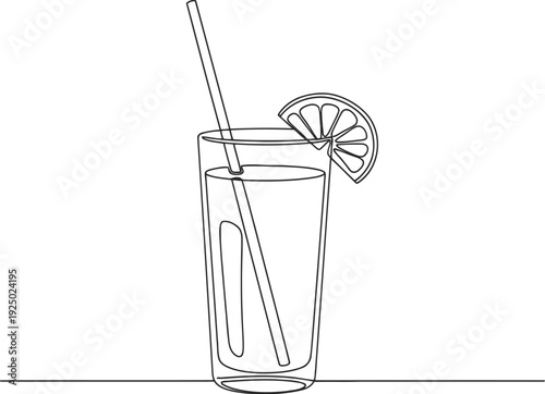 Simple line drawing of a tall glass of refreshing drink with straw