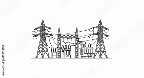 A detailed line drawing of an electrical substation with towers and transformers