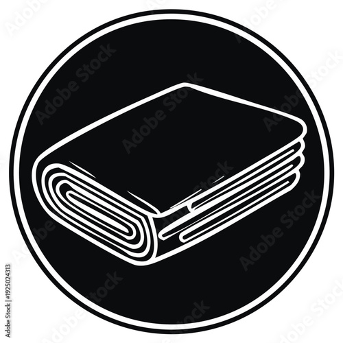 Illustration of a rolled and folded towel icon in a black and white circle