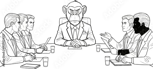 A serious monkey in a suit presides over a meeting of diverse business professionals