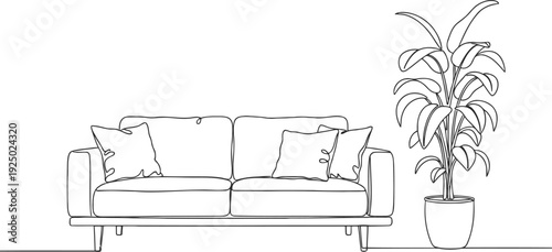 Minimalist line drawing of a sofa and tall potted plant