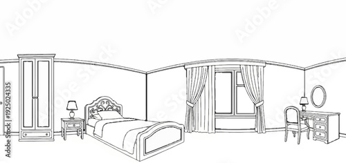 A sketch of a bedroom interior with a wardrobe, bed, nightstand, and desk