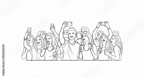 A sketch of a diverse group of young adults enjoying themselves, taking photos with their phones and holding drinks