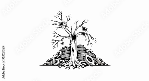 A stark, leafless tree with damaged branches emerges from a pile of tires