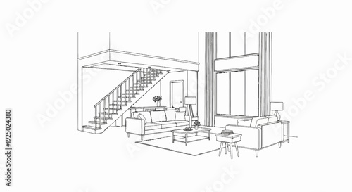A bright living room with large windows, a staircase, and modern furniture