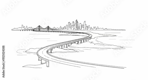 A sketch of a winding highway leading to a city skyline and suspension bridge