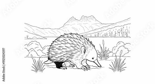 A spiky mammal digs in a marshy area with mountains in the background